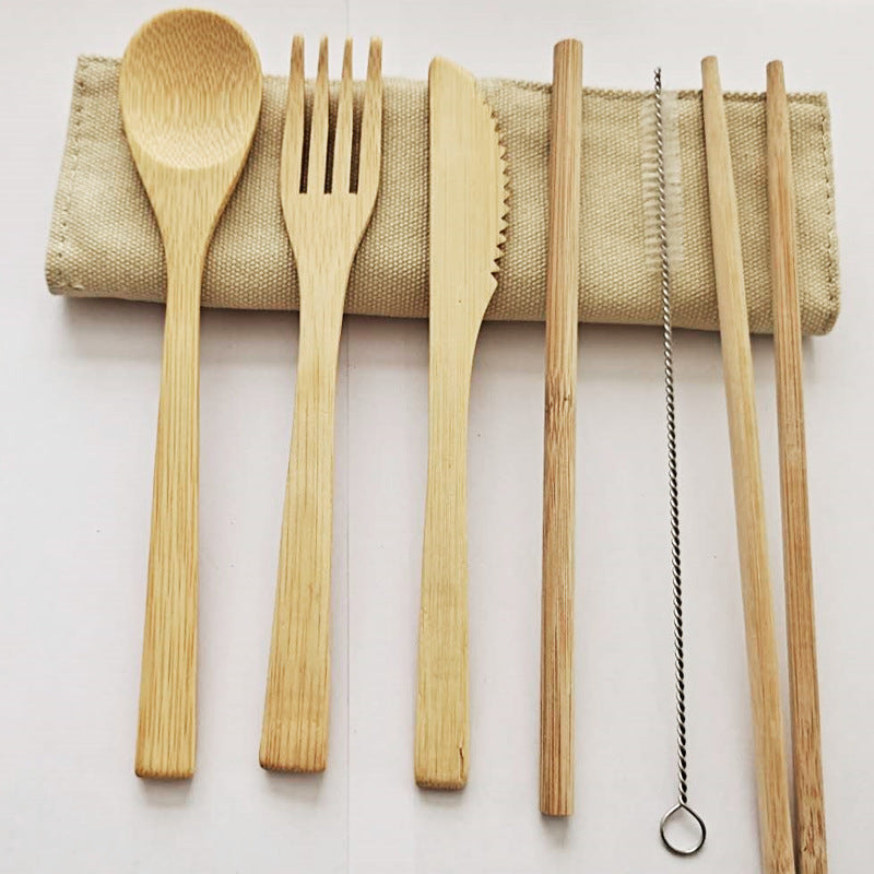 Six-Piece Bamboo Travel Cutlery Set with Straw