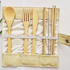 Six-Piece Bamboo Travel Cutlery Set with Straw