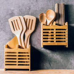 Wall Mounted Bamboo Wooden Chopstick & Utensil Holder
