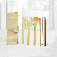 Six-Piece Bamboo Travel Cutlery Set with Straw