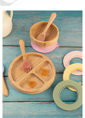 Eco-Friendly Bamboo Round Compartment Plate with Fork